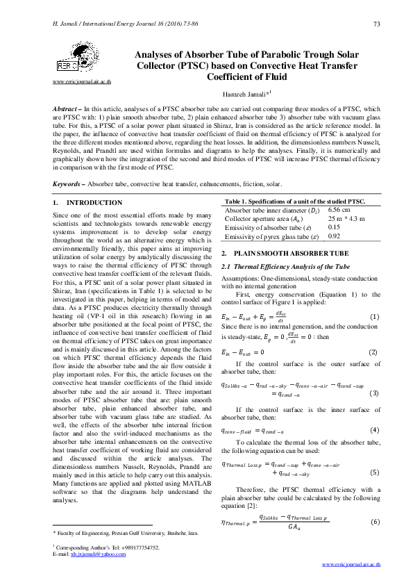 (PDF) Analyses of Absorber Tube of Parabolic Trough Solar Collector ...