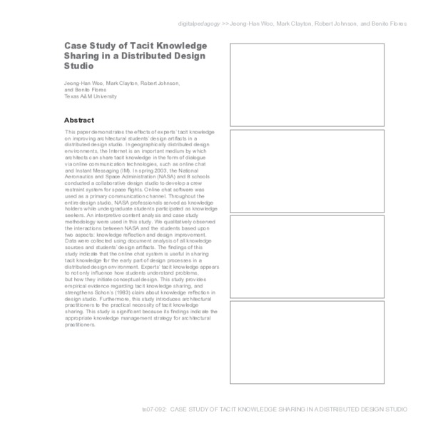 (PDF) Case Study of Tacit Knowledge Sharing in a Distributed Design Studio