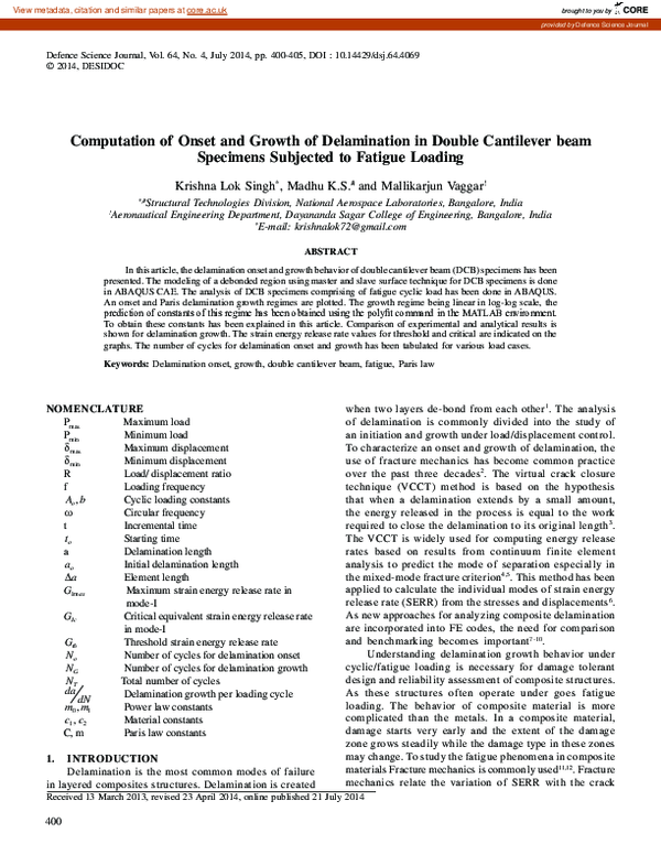 (PDF) Computation of Onset and Growth of Delamination in Double ...
