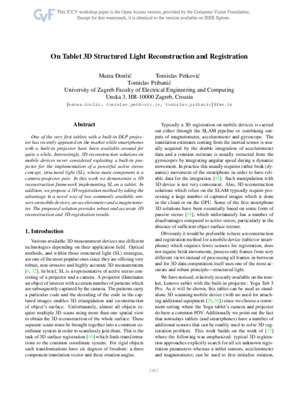 (PDF) On Tablet 3D Structured Light Reconstruction and Registration