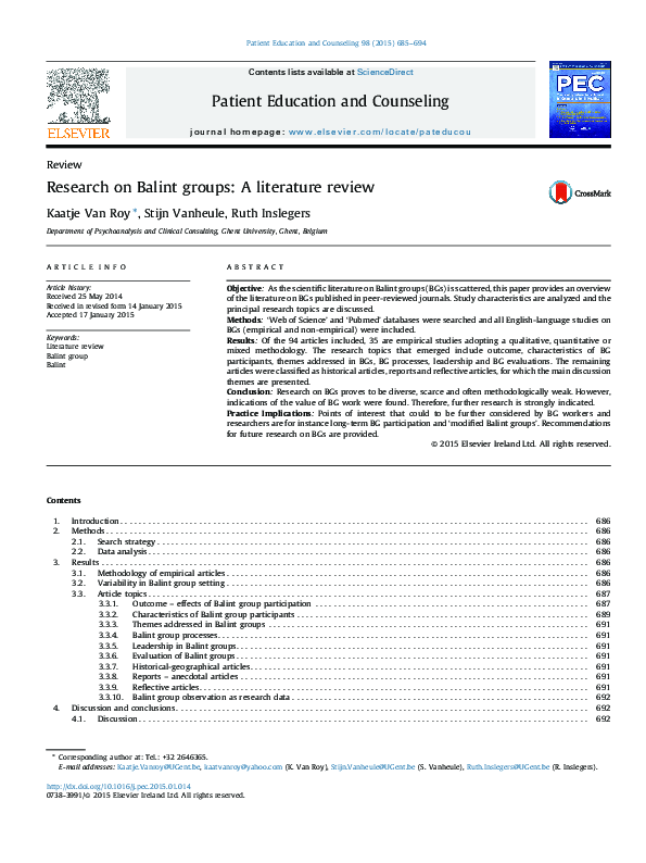 (PDF) Research on Balint groups: A literature review