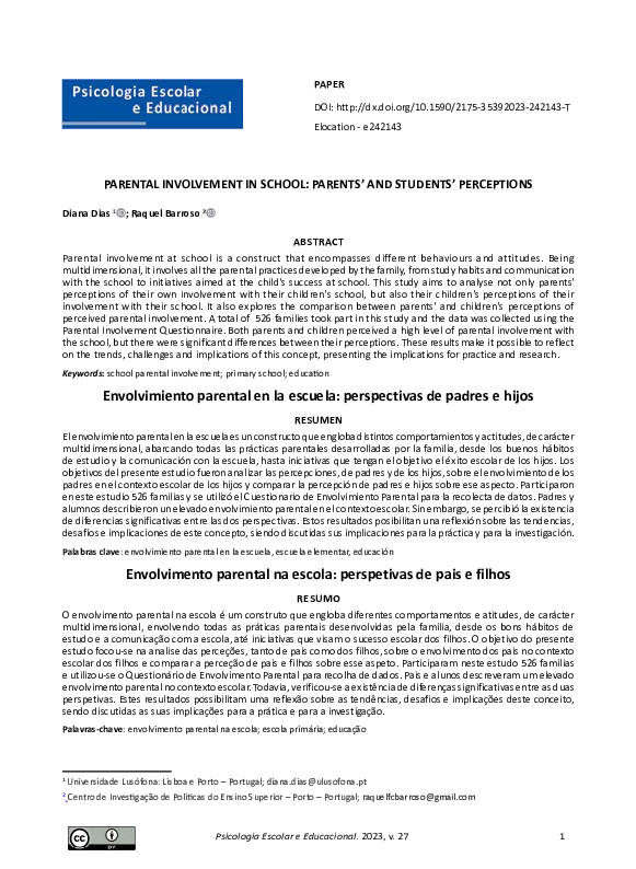 (PDF) Parental Involvement in School: Parents’ and Students’ Perceptions