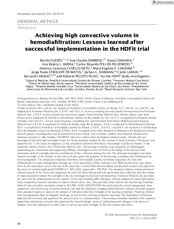 (PDF) Achieving high convective volume in hemodiafiltration: Lessons ...