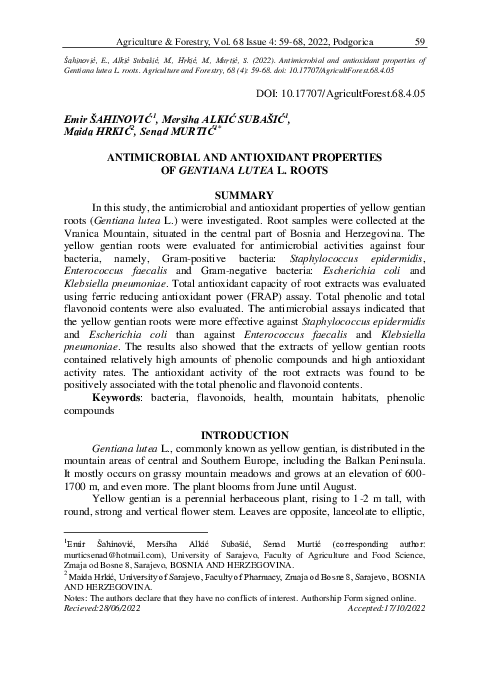 (PDF) Antimicrobial and Antioxidant Properties of Gentiana Lutea L. Roots