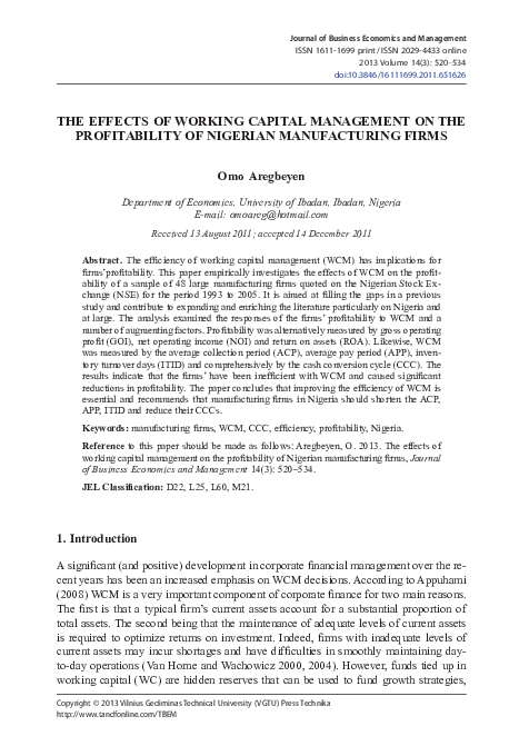 (PDF) The Effects of Working Capital Management on the Profitability of ...