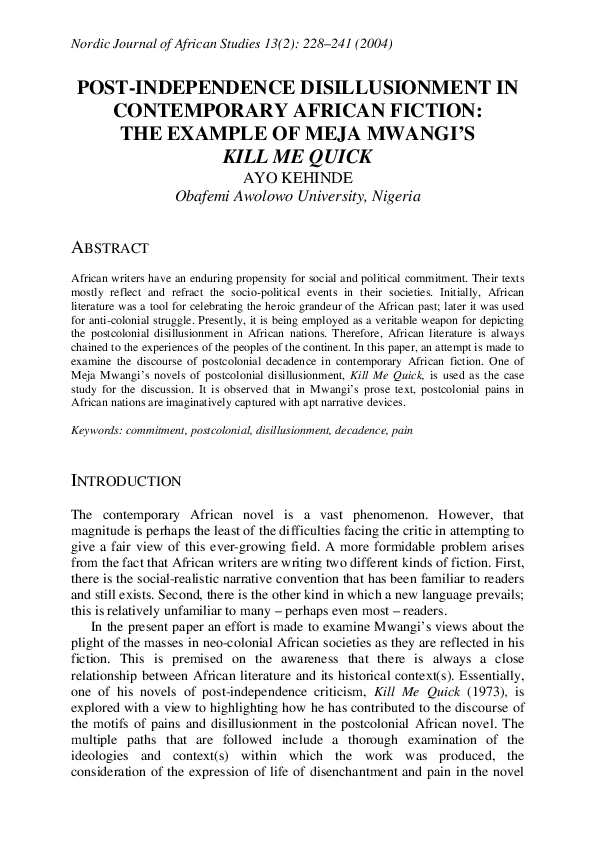 (PDF) Post-Independence Disillusionment in Contemporary African Fiction ...