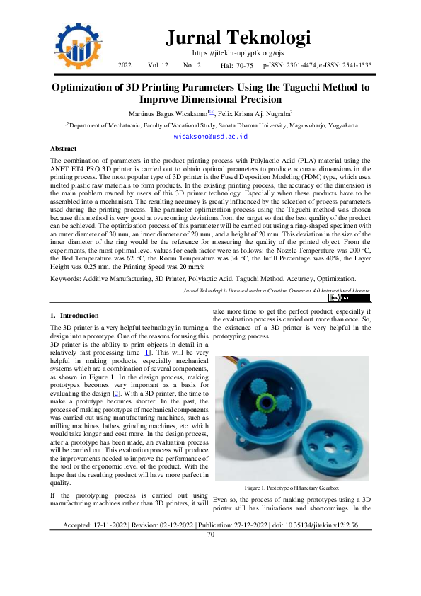 (PDF) Optimization of 3D Printing Parameters Using the Taguchi Method ...