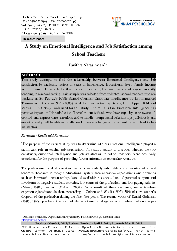 (PDF) A Study on Emotional Intelligence and Job Satisfaction among ...