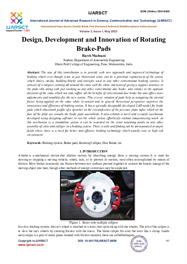 (PDF) Design, Development and Innovation of Rotating Brake-Pads