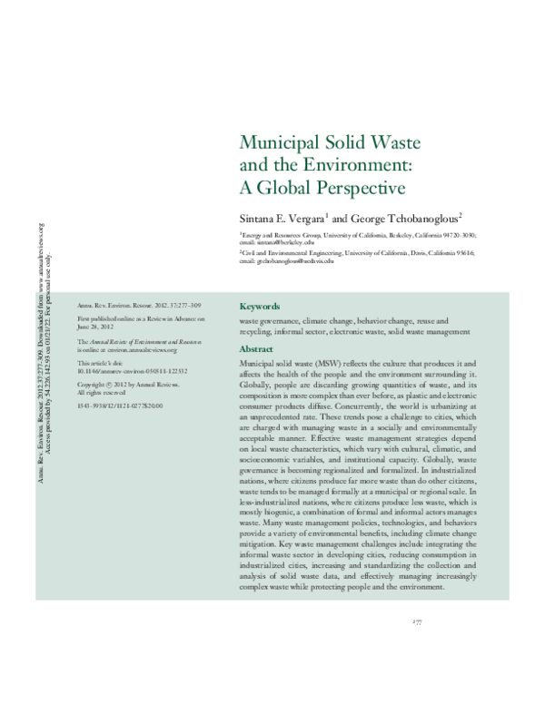 (PDF) Municipal Solid Waste and the Environment: A Global Perspective