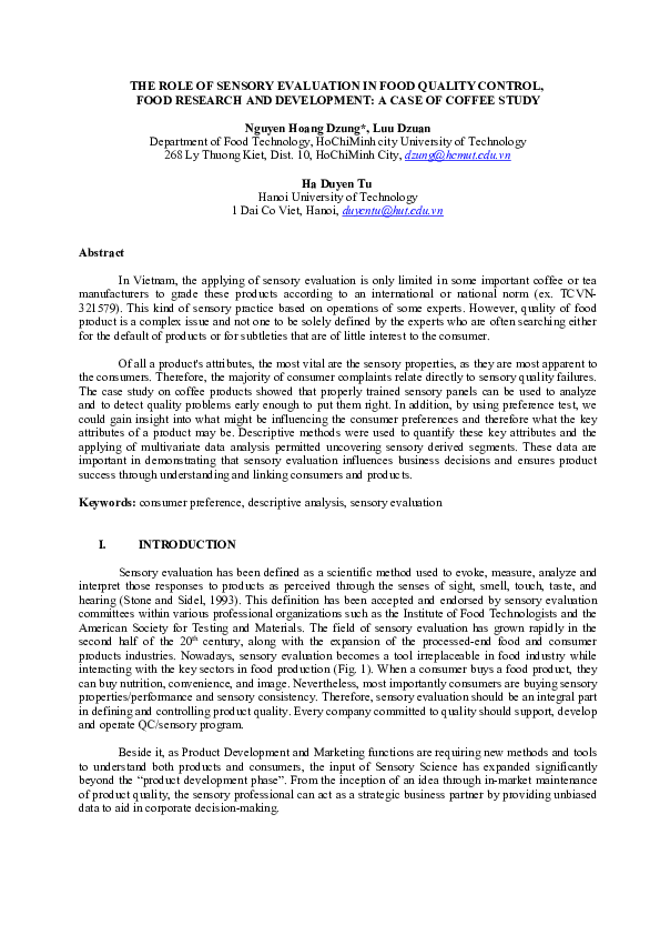 (PDF) The Role of Sensory Evaluation in Food Quality Control, Food ...