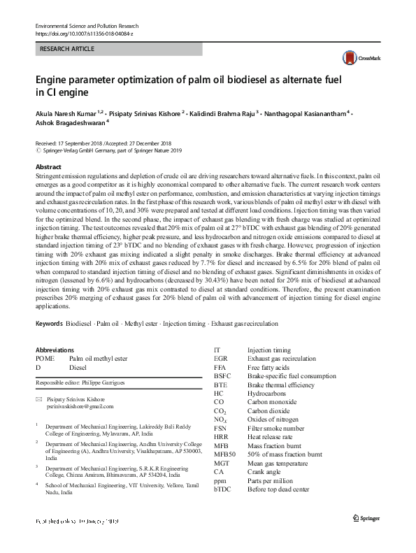 (PDF) Engine parameter optimization of palm oil biodiesel as alternate ...