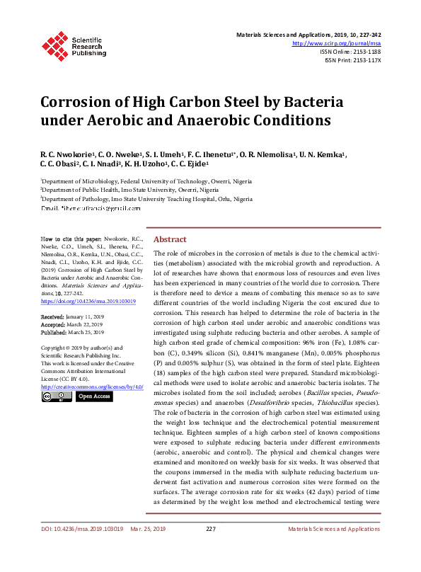 (PDF) Corrosion of High Carbon Steel by Bacteria under Aerobic and ...