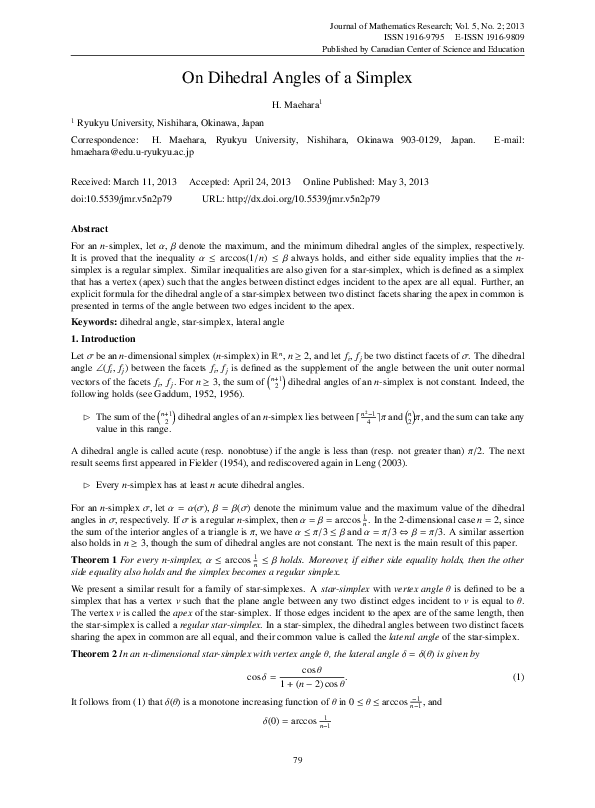 (PDF) Dihedral Angles in Simplexes and Star-Simplexes