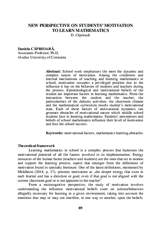 (PDF) New Perspective on Students’ Motivation to Learn Mathematics