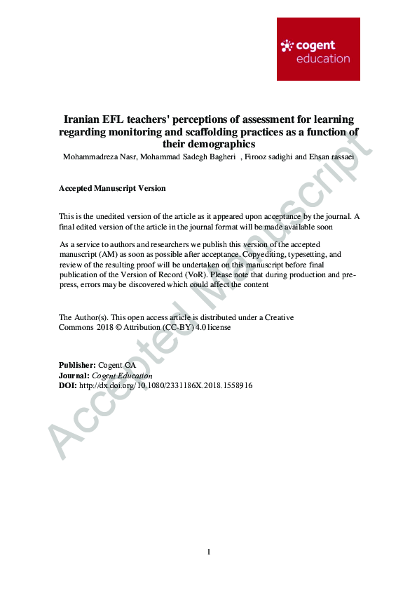 (PDF) Iranian EFL teachers’ perceptions of assessment for learning ...