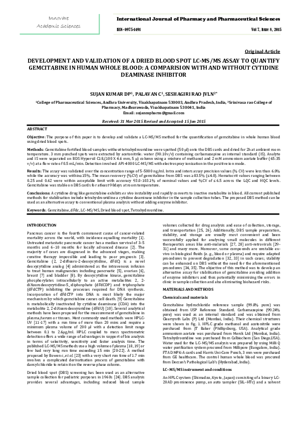 (PDF) DEVELOPMENT AND VALIDATION OF A DRIED BLOOD SPOT LC-MS/MS ASSAY ...
