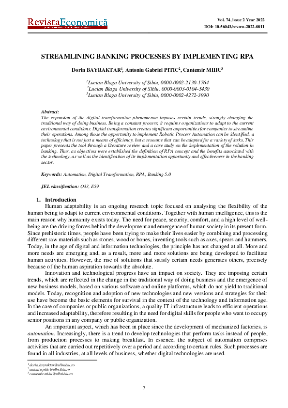 (PDF) Streamlining Banking Processes by Implementing Rpa