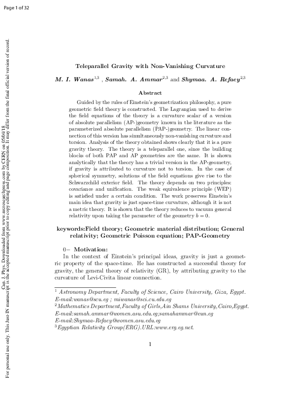 (PDF) Teleparallel gravity with non-vanishing curvature | samah ...