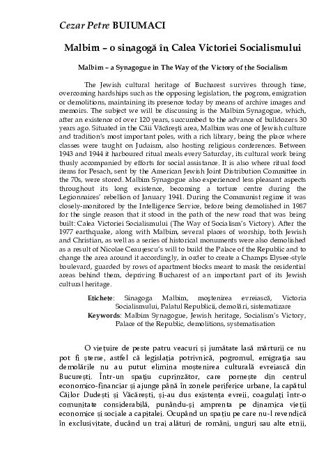 (PDF) Malbim - o sinagogă în Calea Victoriei Socialismului