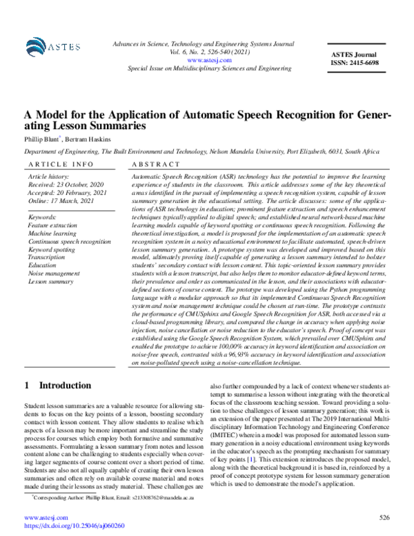 (PDF) A Model for the Application of Automatic Speech Recognition for ...