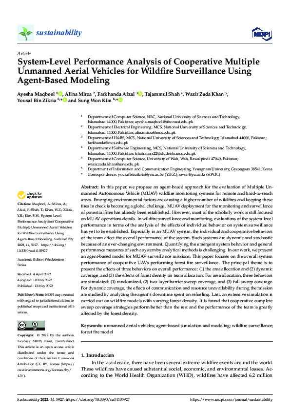 System-Level Performance Analysis of Cooperative Multiple Unmanned Aerial Vehicles for Wildfire Surveillance Using Agent-Based Modeling