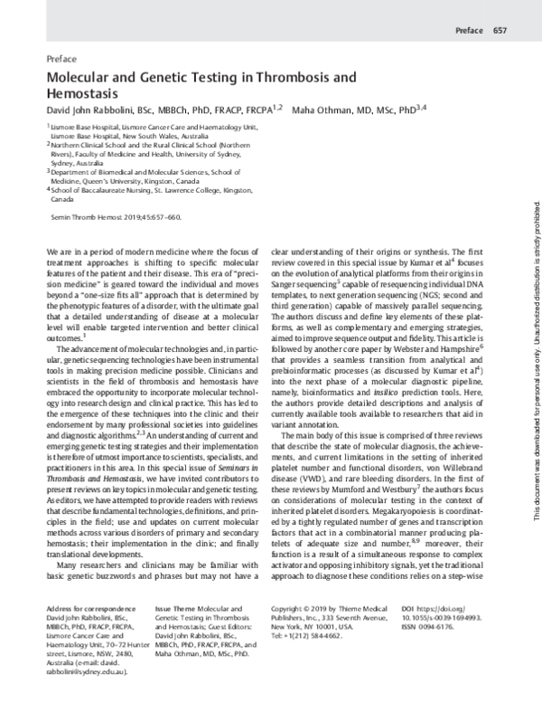 (PDF) Molecular and Genetic Testing in Thrombosis and Hemostasis