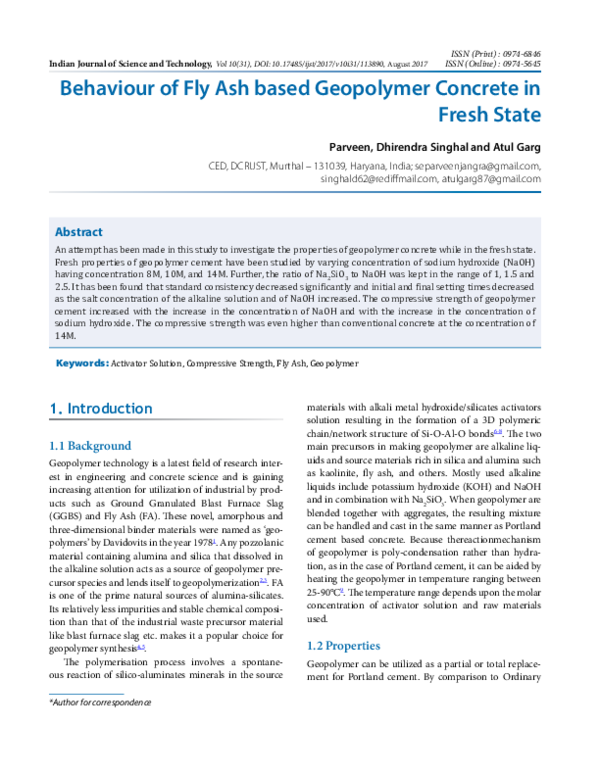 (PDF) Behaviour of Fly Ash based Geopolymer Concrete in Fresh State