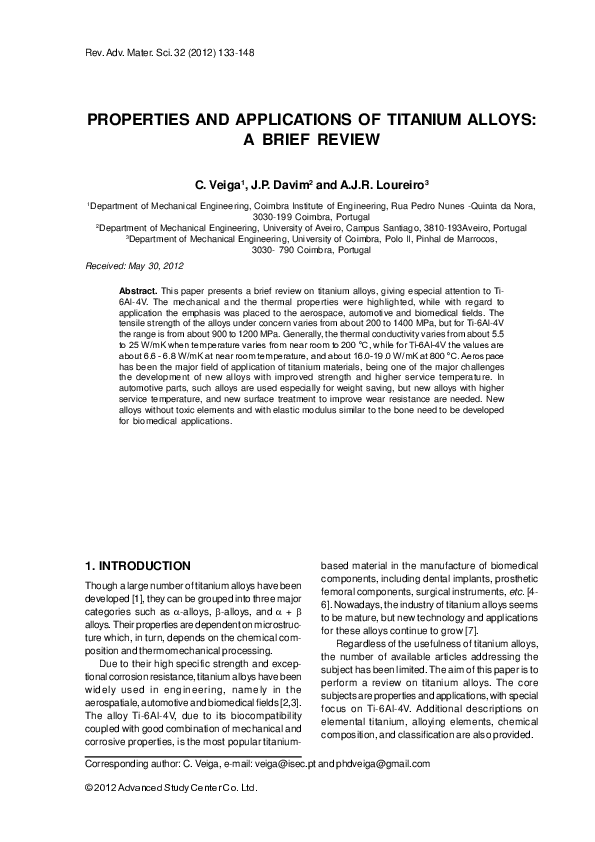 (PDF) Properties and applications of titanium alloys: a brief review