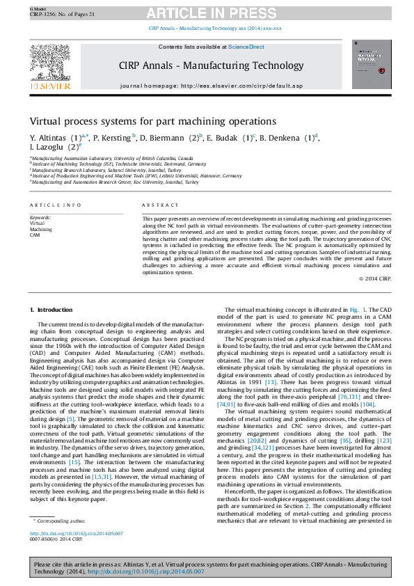(PDF) Virtual process systems for part machining operations