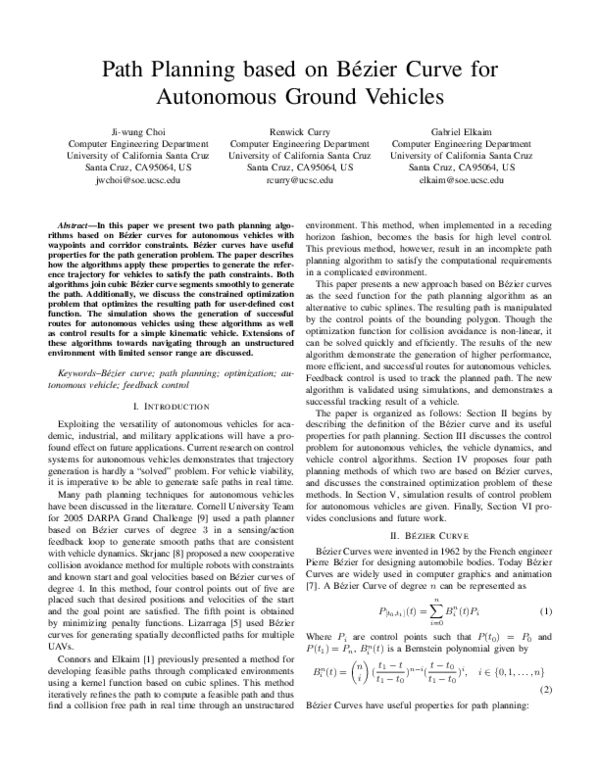 (PDF) Path Planning Based on Bézier Curve for Autonomous Ground Vehicles