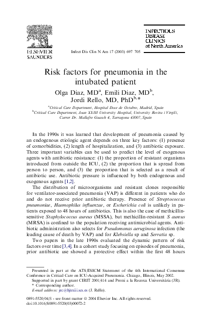 (PDF) Risk factors for pneumonia in the intubated patient