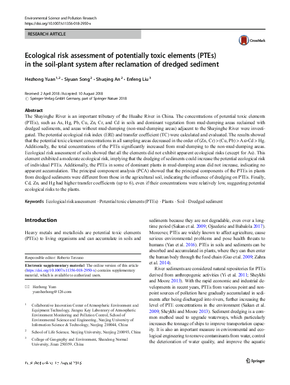 (PDF) Ecological risk assessment of potentially toxic elements (PTEs ...
