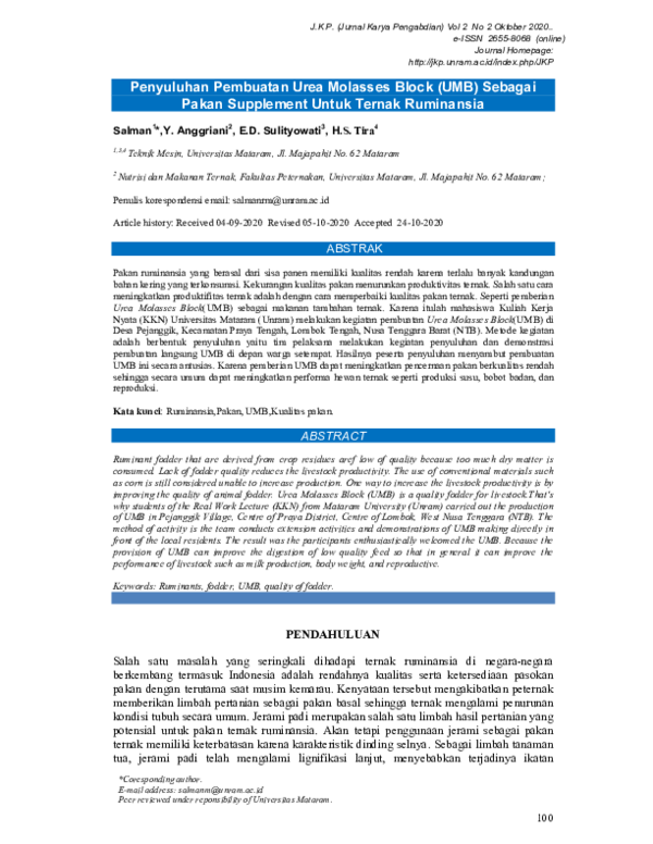 (PDF) Penyuluhan Pembuatan Urea Molasses Block (UMB) Sebagai Pakan ...