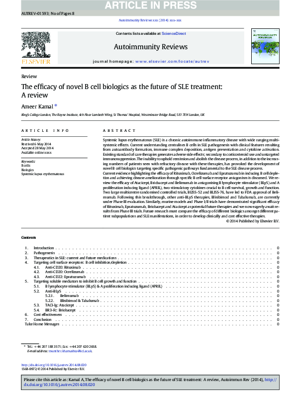 (PDF) The efficacy of novel B cell biologics as the future of SLE ...