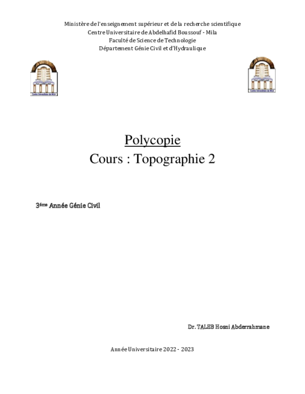 (PDF) Polycopie Cours : Topographie 2 3 éme Année Génie Civil