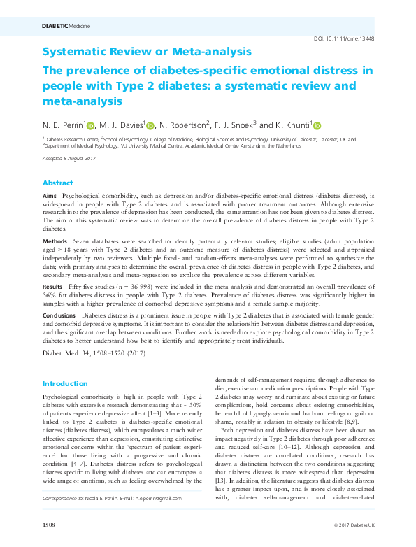 (PDF) The prevalence of diabetes‐specific emotional distress in people ...