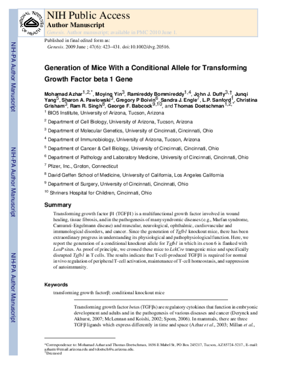 (PDF) Generation of mice with a conditional allele for transforming ...