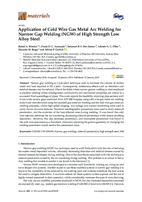 (PDF) Application of Cold Wire Gas Metal Arc Welding for Narrow Gap ...
