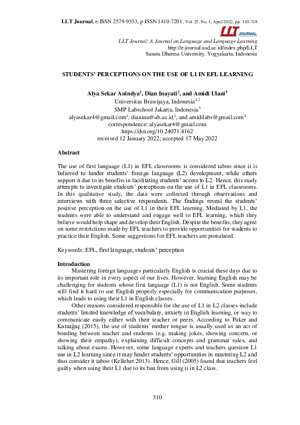 (PDF) Students’ Perceptions on the Use of L1 in Efl Learning
