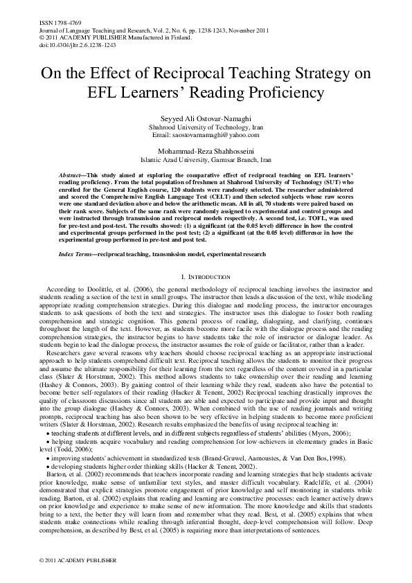 (PDF) On the Effect of Reciprocal Teaching Strategy on EFL Learners ...