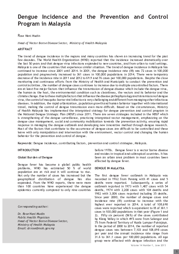 (PDF) Dengue Incidence and the Prevention and Control Program in Malaysia
