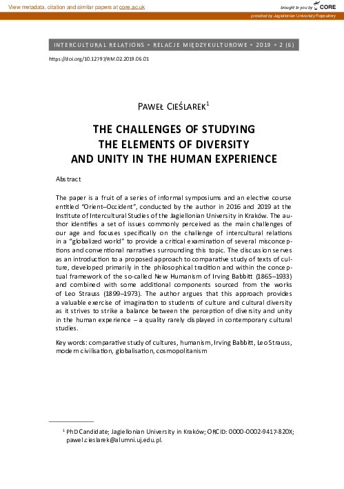 (PDF) The Challenges of Studying the Elements of Diversity and Unity in ...