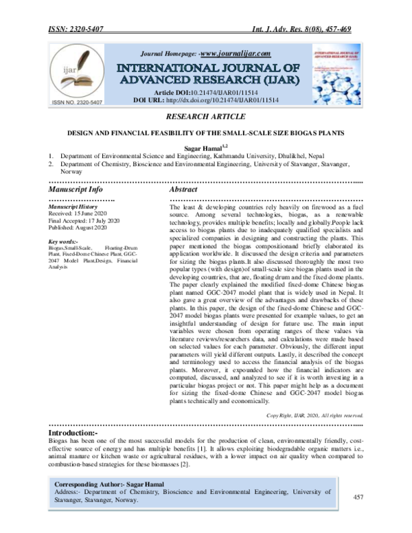 (PDF) Design and Financial Feasibility of the Small-Scale Size Biogas ...