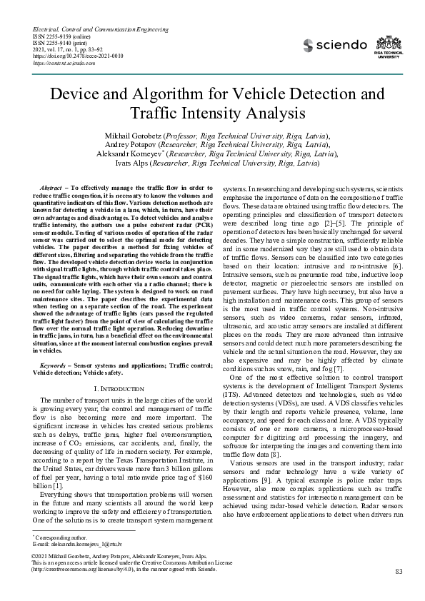 (PDF) Device and Algorithm for Vehicle Detection and Traffic Intensity ...