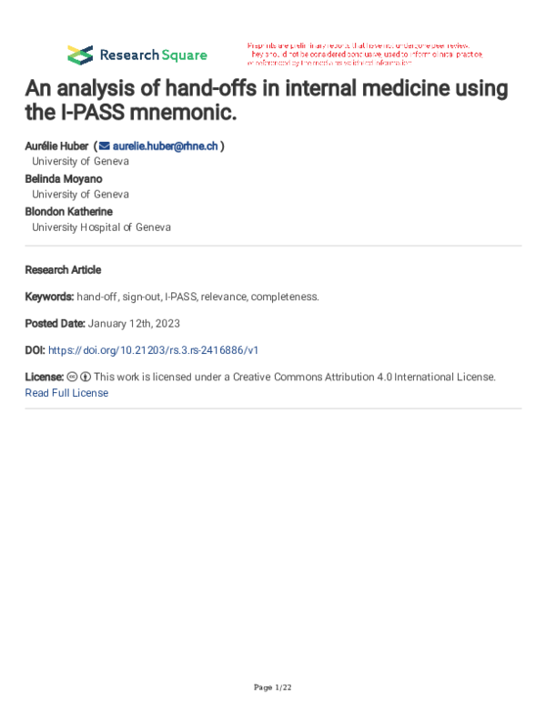 (PDF) An analysis of hand-offs in internal medicine using the I-PASS ...
