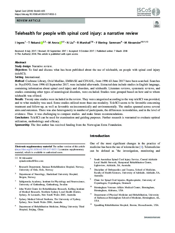 (PDF) Telehealth for people with spinal cord injury: a narrative review