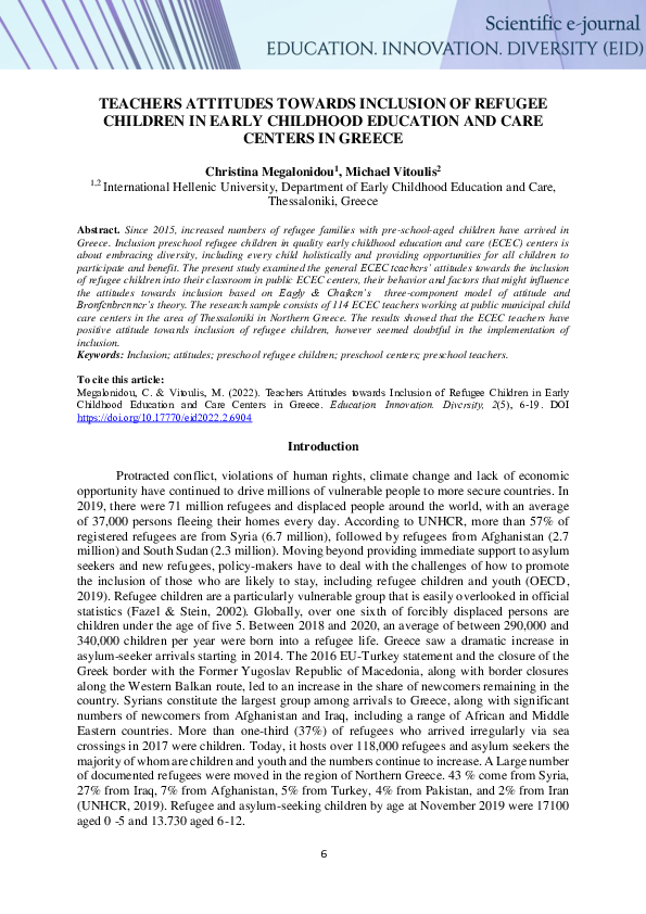 (PDF) Teachers Attitudes Towards Inclusion of Refugee Children in Early ...