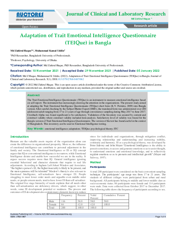 (PDF) Adaptation of Trait Emotional Intelligence Questionnaire (TEIQue ...