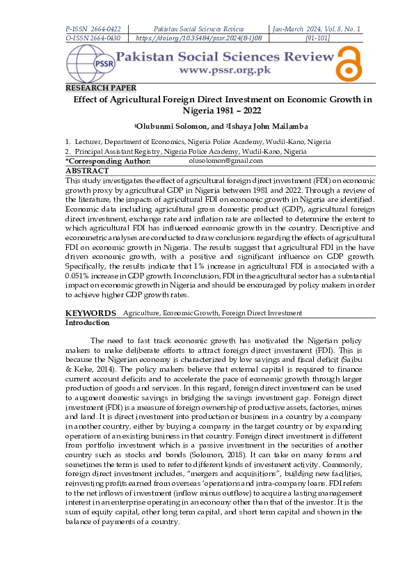 (PDF) Effect of Agricultural Foreign Direct Investment on Economic ...